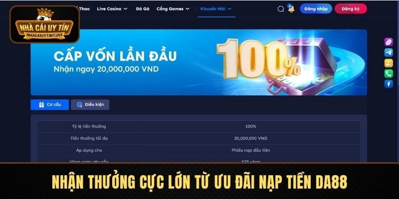 Nhận thưởng cực lớn từ ưu đãi nạp tiền DA88